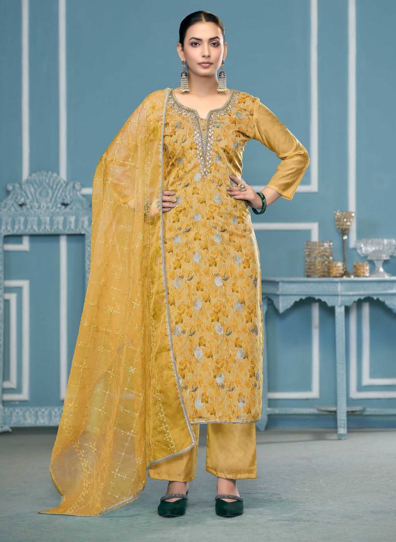 Yellow hand embroidery organza semi stitched churidar dress-materials