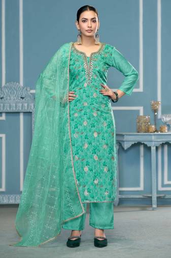 Sea-green hand embroidery organza semi stitched churidar dress-materials