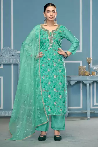 Sea-green hand embroidery organza semi stitched churidar dress-materials