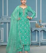 Sea-green hand embroidery organza semi stitched churidar dress-materials