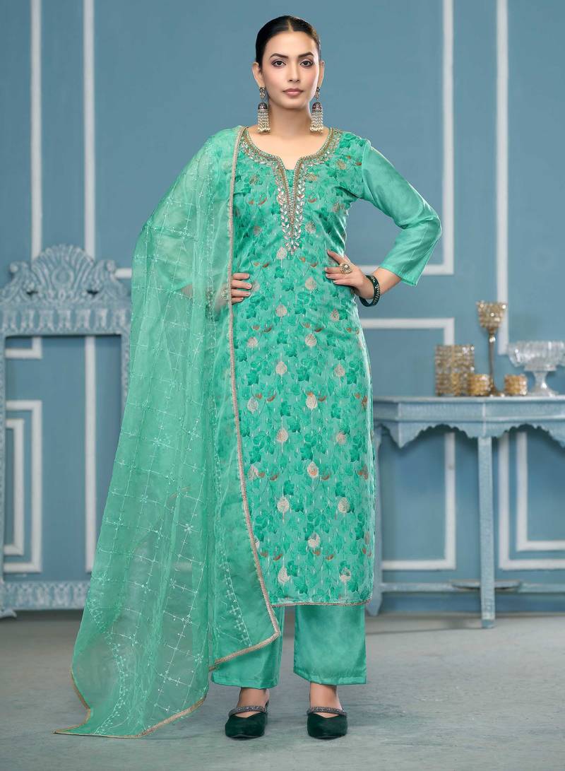 Sea-green hand embroidery organza semi stitched churidar dress-materials