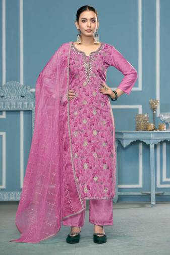 Baby-pink hand embroidery organza semi stitched churidar dress-materials