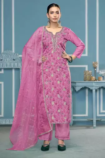 Baby-pink hand embroidery organza semi stitched churidar dress-materials