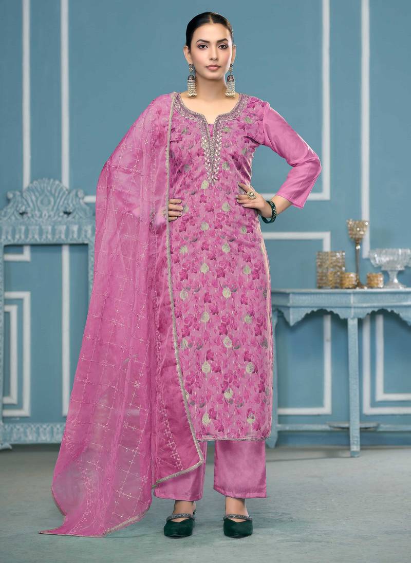 Baby-pink hand embroidery organza semi stitched churidar dress-materials