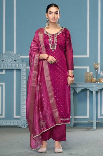 Magenta woven cotton semi stitched churidar dress-materials