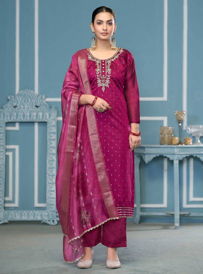 Magenta woven cotton semi stitched churidar dress-materials