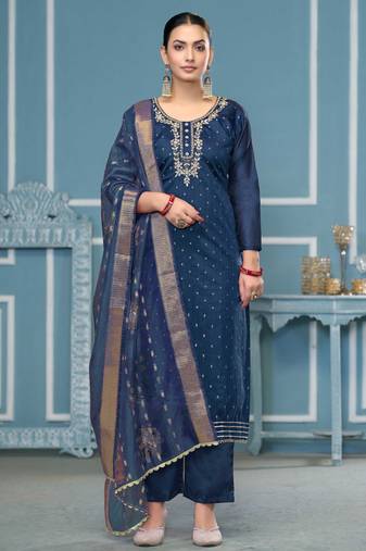 Blue woven cotton semi stitched churidar dress-materials