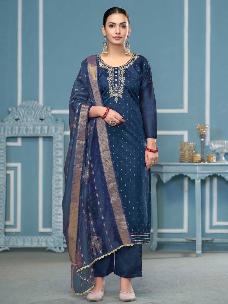 Blue woven cotton semi stitched churidar dress-materials