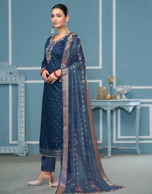 Blue woven cotton semi stitched churidar dress-materials 2