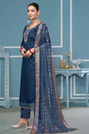 Blue woven cotton semi stitched churidar dress-materials