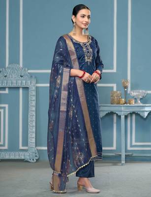 Blue woven cotton semi stitched churidar dress-materials 4