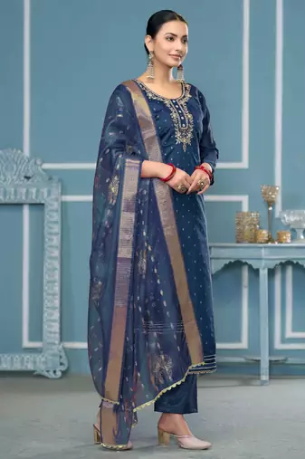 Blue woven cotton semi stitched churidar dress-materials