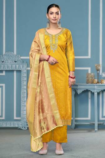 Yellow woven cotton semi stitched churidar dress-materials