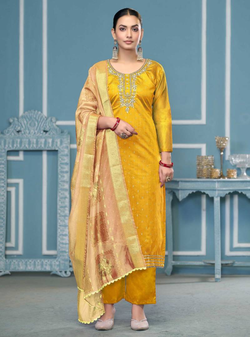 Yellow woven cotton semi stitched churidar dress-materials