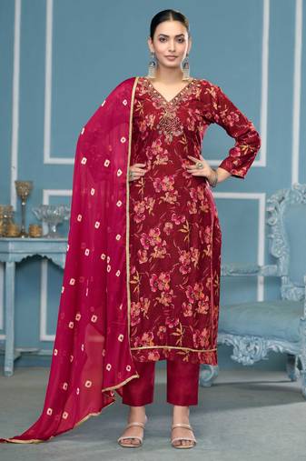 Maroon hand embroidery cotton semi stitched churidar dress-materials