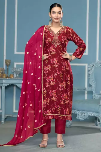 Maroon hand embroidery cotton semi stitched churidar dress-materials