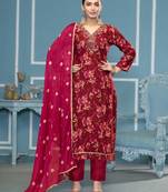 Maroon hand embroidery cotton semi stitched churidar dress-materials