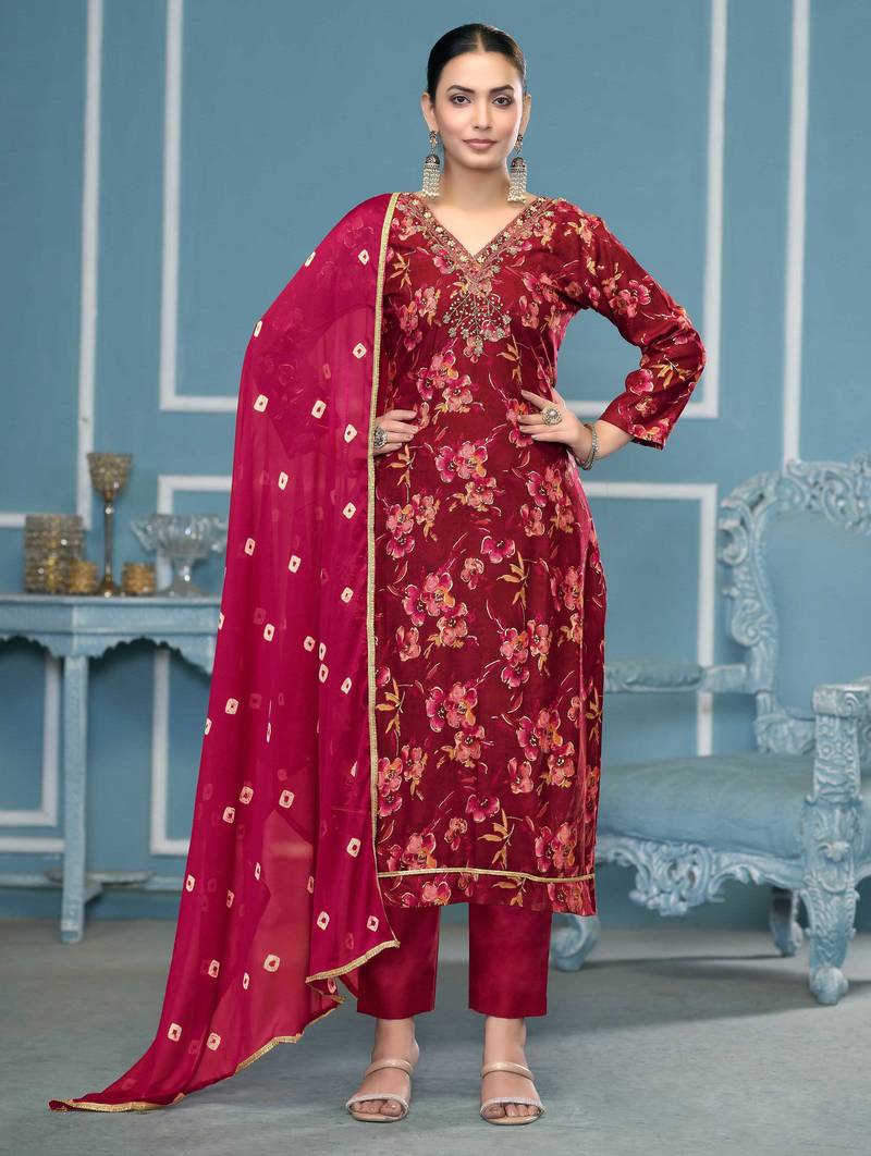 Maroon hand embroidery cotton semi stitched churidar dress-materials