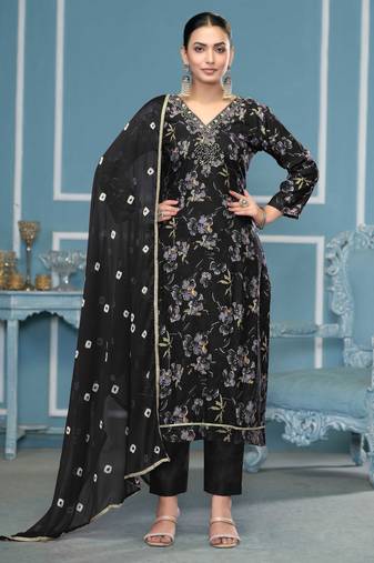 Black hand embroidery cotton semi stitched churidar dress-materials