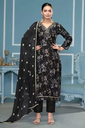 Black hand embroidery cotton semi stitched churidar dress-materials