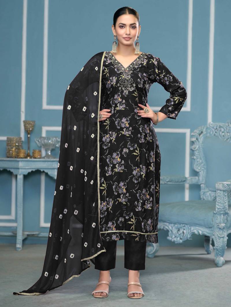 Black hand embroidery cotton semi stitched churidar dress-materials