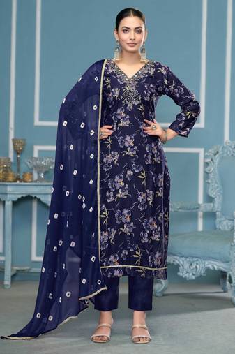 Blue hand embroidery cotton semi stitched churidar dress-materials