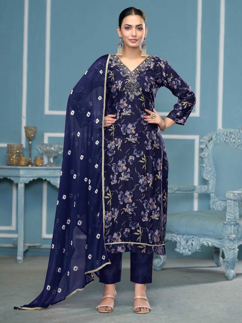 Blue hand embroidery cotton semi stitched churidar dress-materials