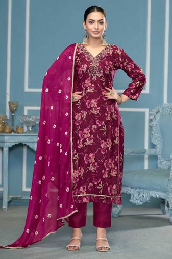 Violet hand embroidery cotton semi stitched churidar dress-materials
