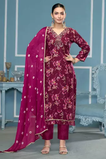 Violet hand embroidery cotton semi stitched churidar dress-materials