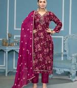 Violet hand embroidery cotton semi stitched churidar dress-materials