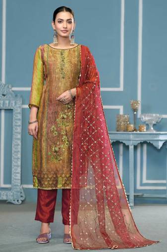 Multicolor hand embroidery shimmer semi stitched churidar dress-materials