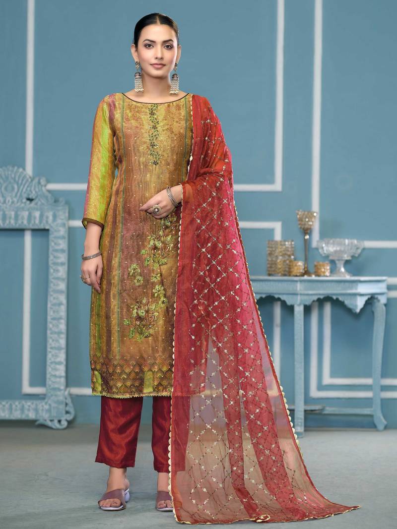 Multicolor hand embroidery shimmer semi stitched churidar dress-materials
