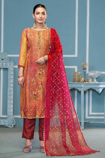 Multicolor hand embroidery shimmer semi stitched churidar dress-materials