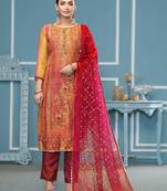 Multicolor hand embroidery shimmer semi stitched churidar dress-materials