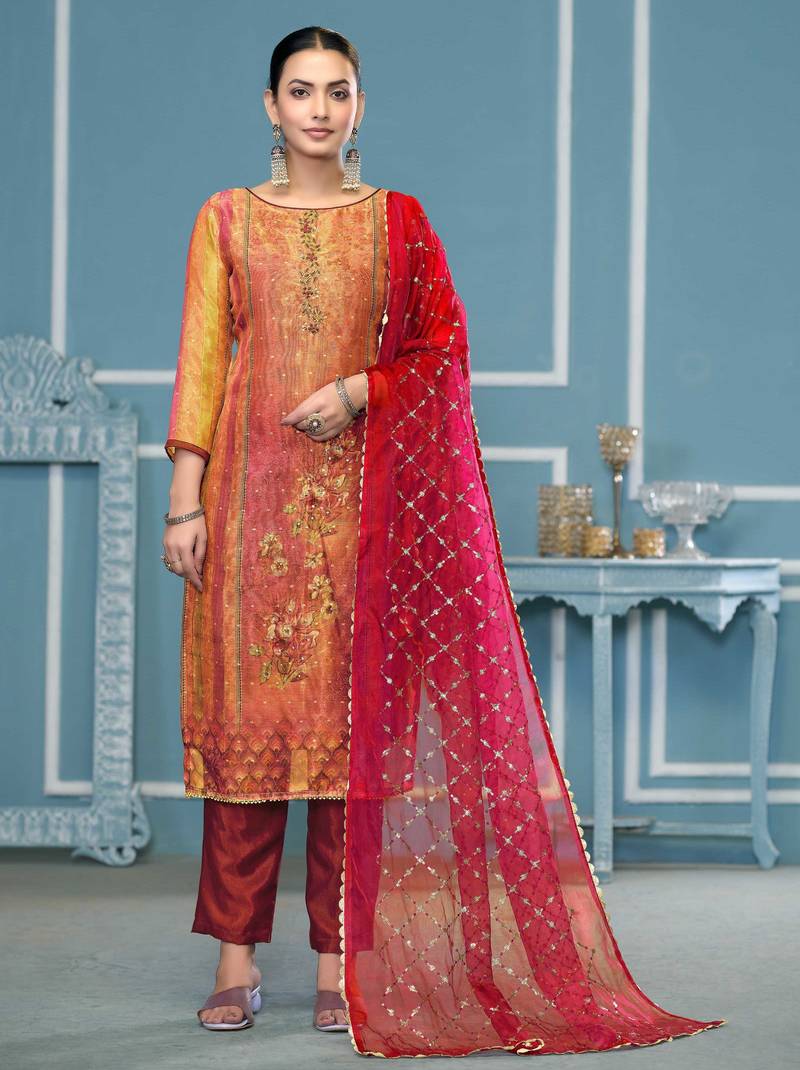 Multicolor hand embroidery shimmer semi stitched churidar dress-materials