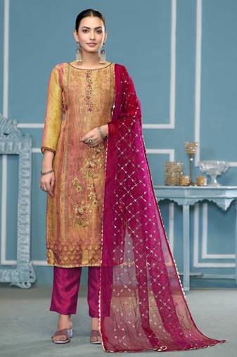 Multicolor hand embroidery shimmer semi stitched churidar dress-materials