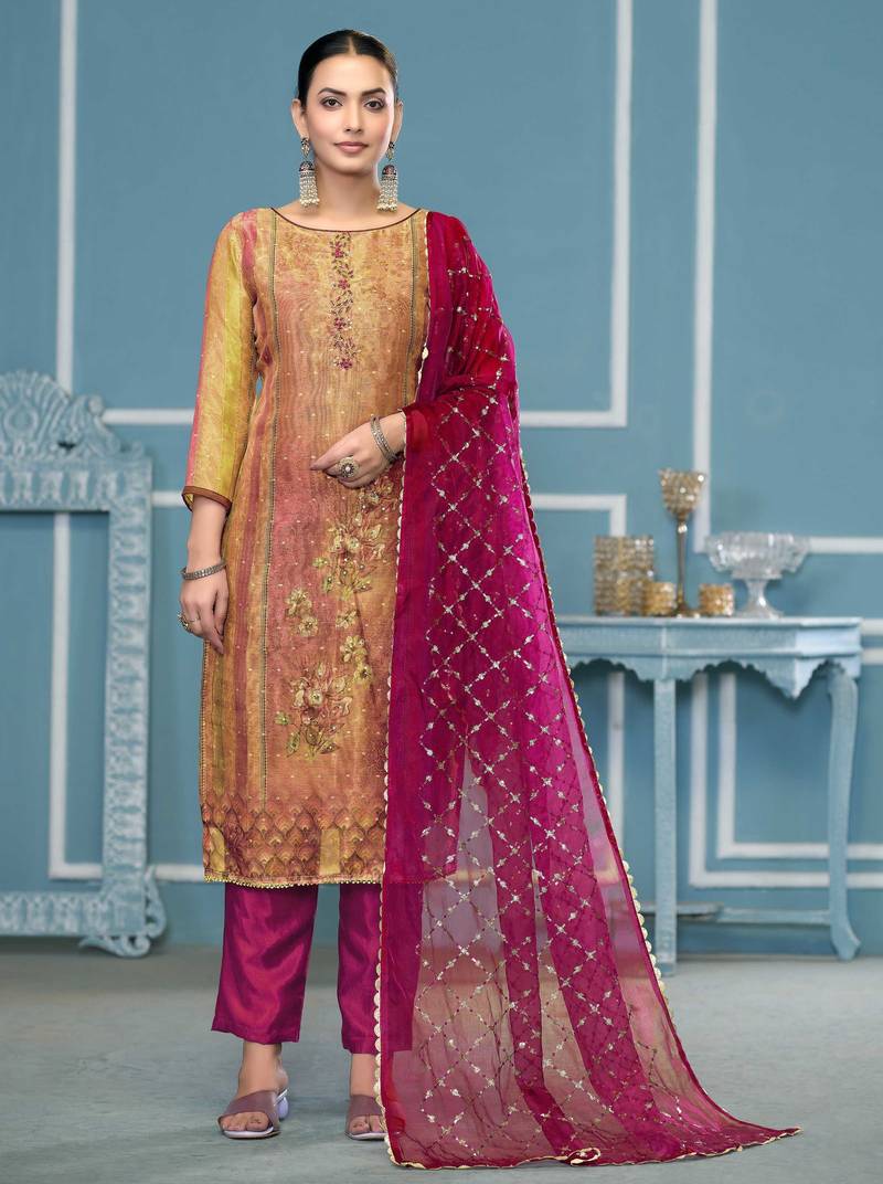 Multicolor hand embroidery shimmer semi stitched churidar dress-materials