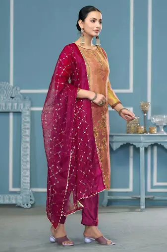 Multicolor hand embroidery shimmer churidar dress-materials