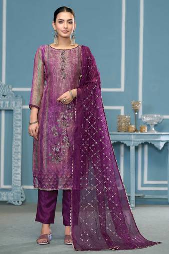 Multicolor hand embroidery shimmer semi stitched churidar dress-materials