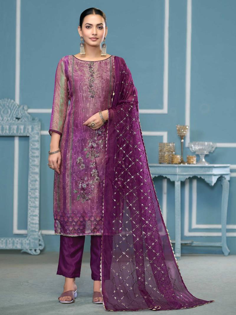 Multicolor hand embroidery shimmer semi stitched churidar dress-materials