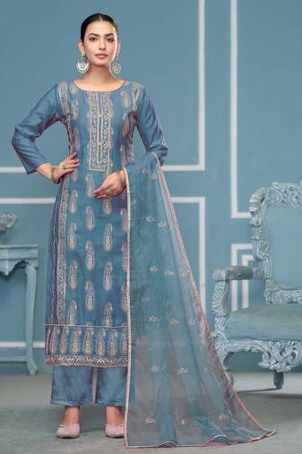 Teal-blue sequins cotton silk semi stitched churidar dress-materials