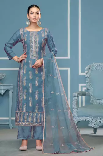 Teal-blue sequins cotton silk semi stitched churidar dress-materials