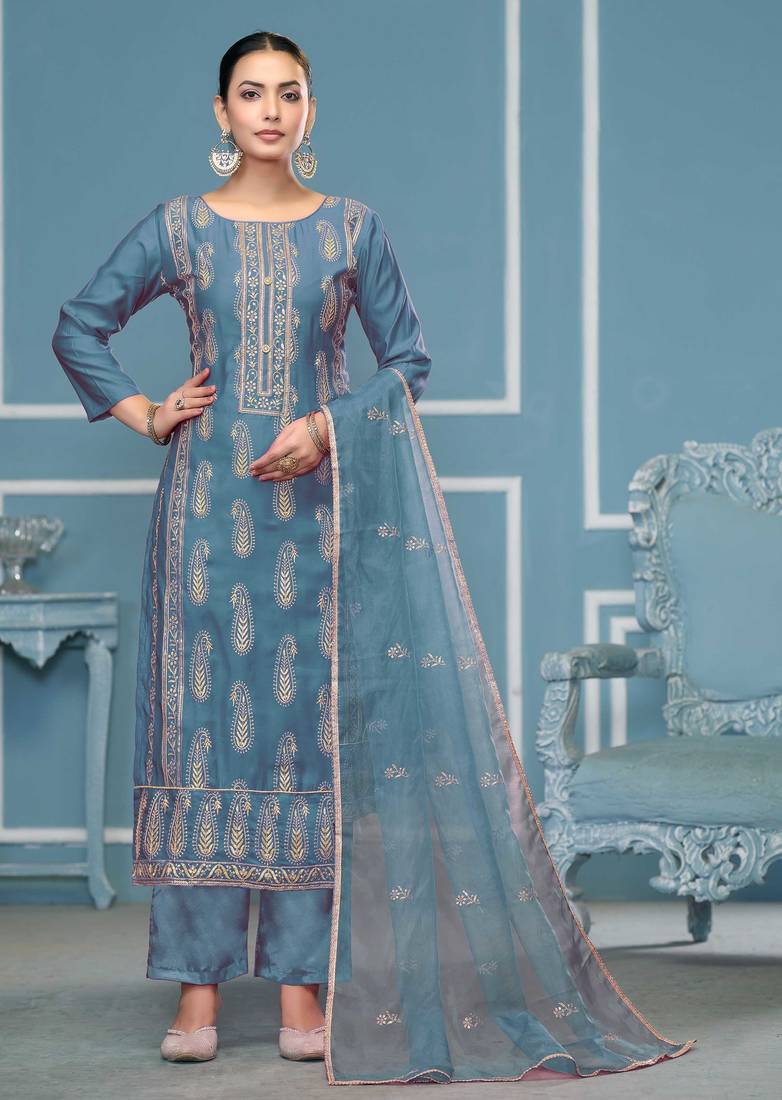 Teal-blue sequins cotton silk semi stitched churidar dress-materials