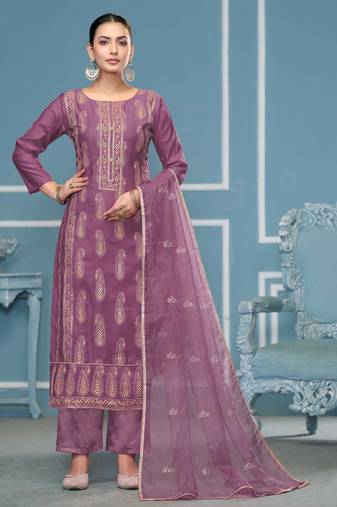 Purple sequins cotton silk semi stitched churidar dress-materials