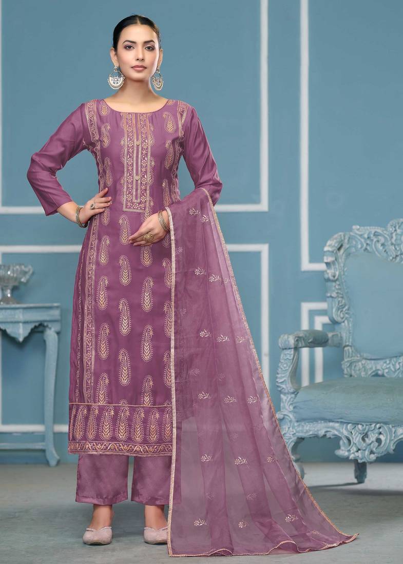 Purple sequins cotton silk semi stitched churidar dress-materials