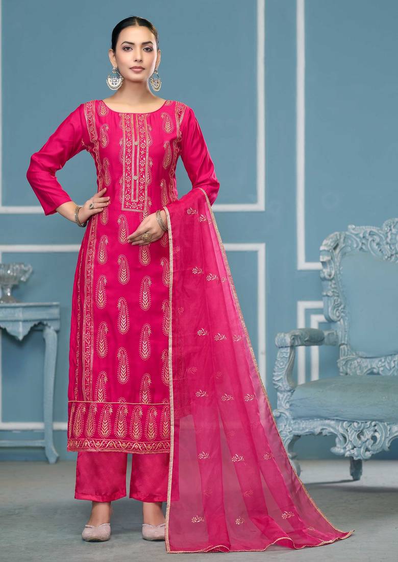 Pink sequins cotton silk semi stitched churidar dress-materials