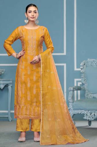 Yellow sequins cotton silk semi stitched churidar dress-materials