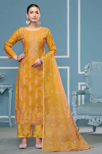 Yellow sequins cotton silk semi stitched churidar dress-materials