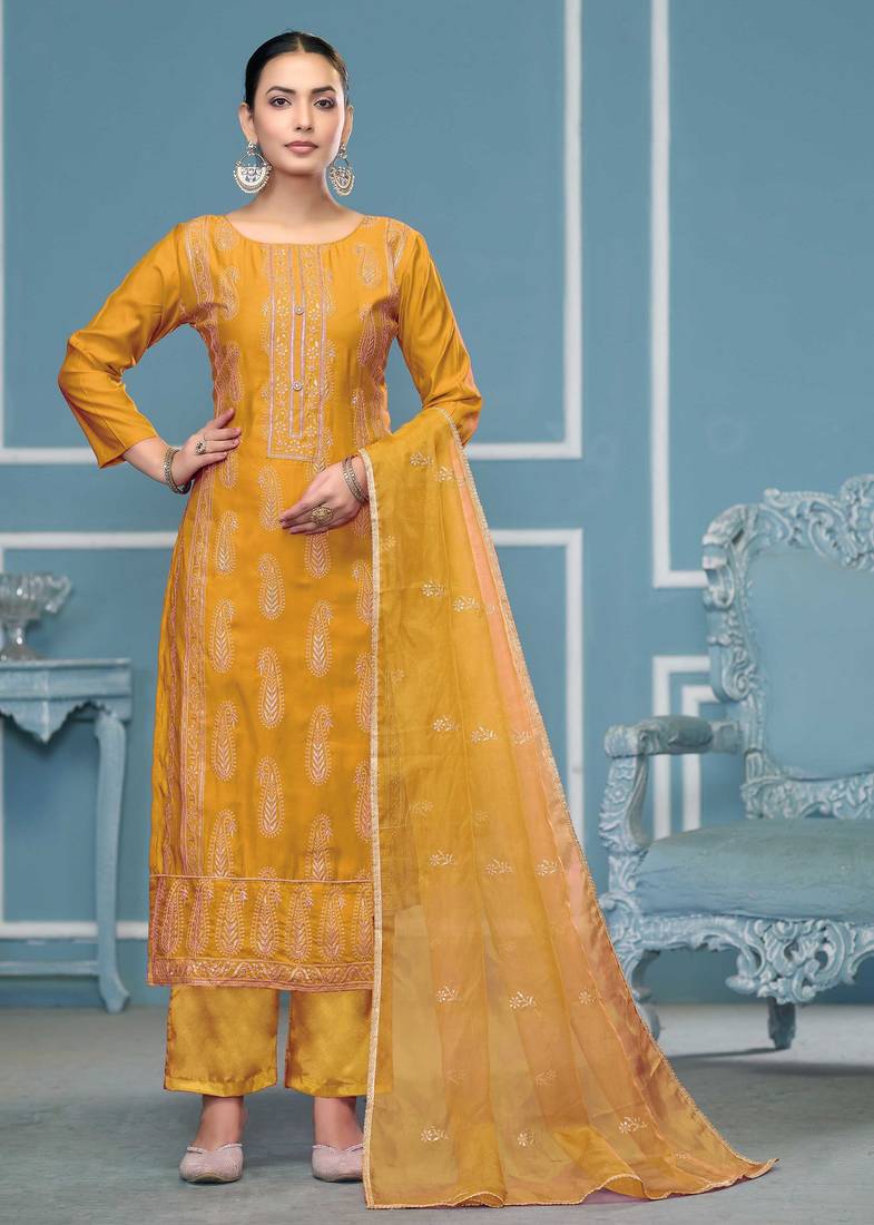 Yellow sequins cotton silk semi stitched churidar dress-materials