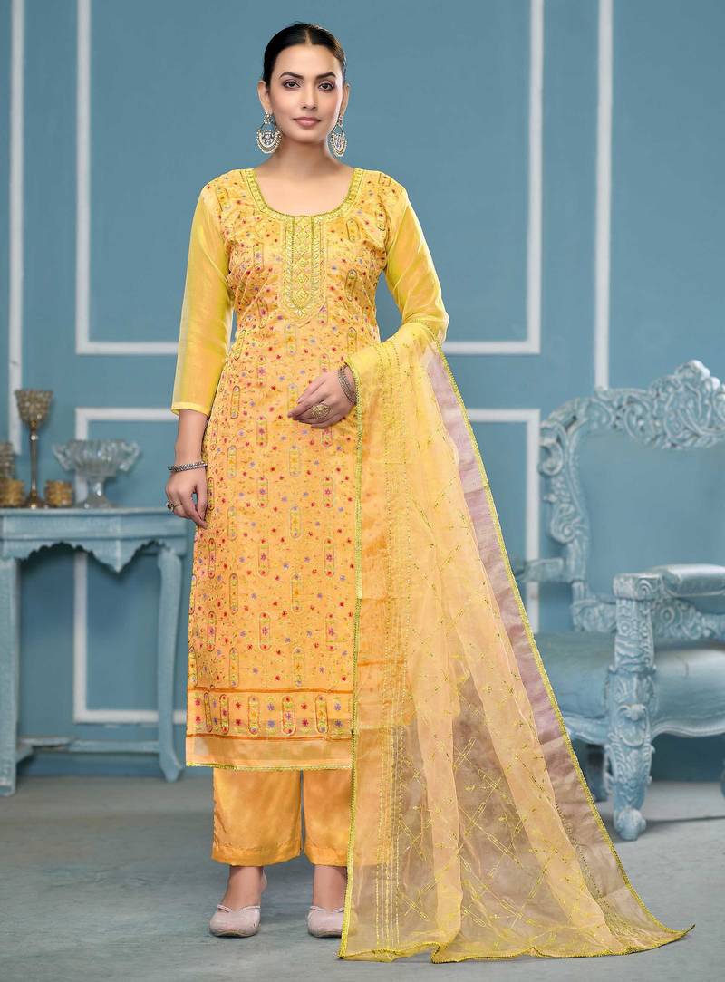 Yellow sequins organza semi stitched churidar dress-materials